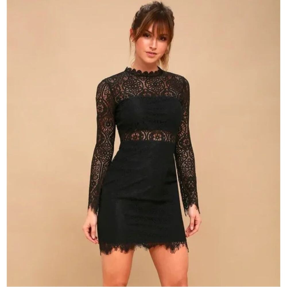 Black Lace Illusion Bodycon Cocktail Dress Long Sleeve Party Wedding S NWT